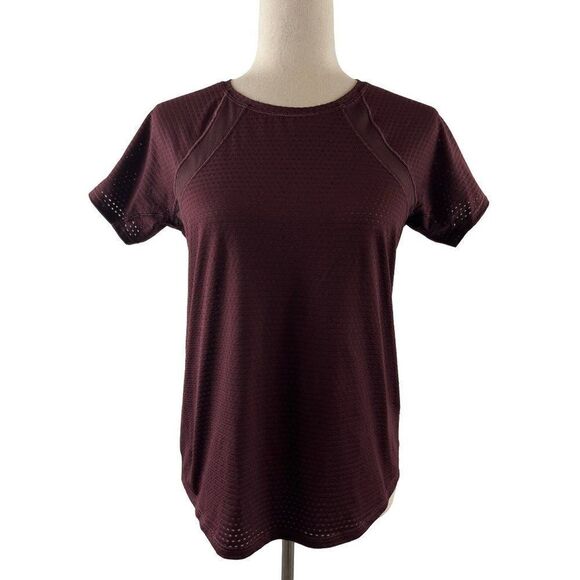 Athleta Chi Dot Mesh Train Workout Tee Size XS Maroon Activewear Running Stretch - Picture 1 of 8